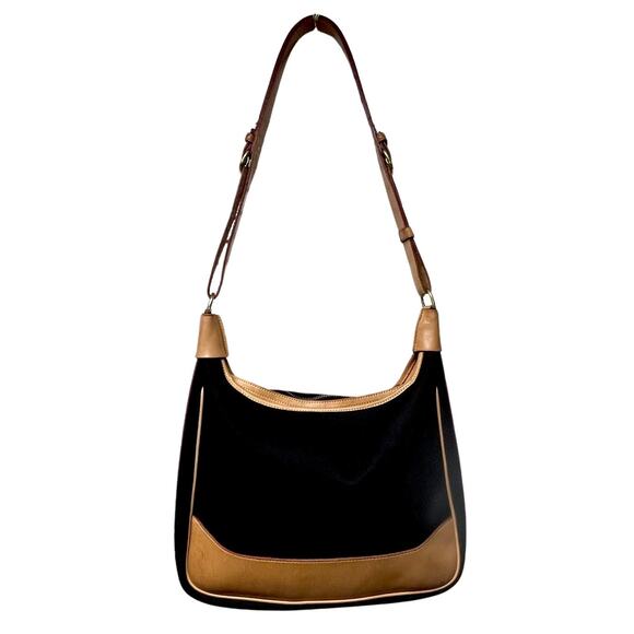 Vintage Dooney & Bourke Black Canvas Tan Leather Trim Adjustable Shoulder Bag - Picture 1 of 9